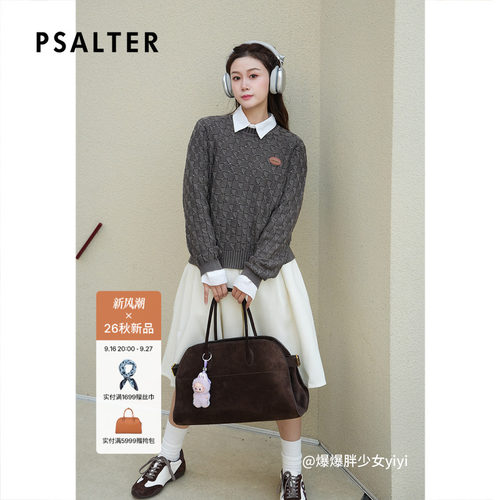 PSALTER诗篇几何纹格圆领长袖宽松套头毛针织衫2026秋季新款