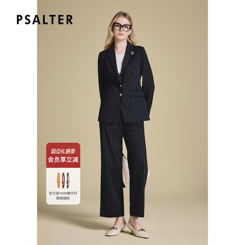 PSALTER诗篇亚麻竖条纹休闲翻驳领宽松西服外套2025夏季新