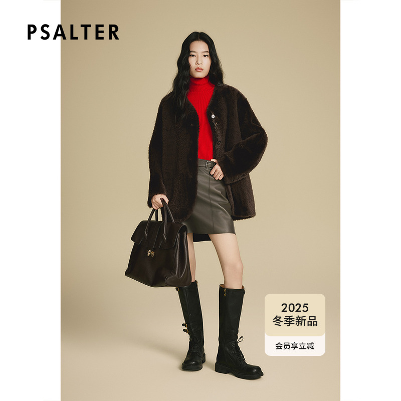 诗篇专选皮毛一体小三角V领羊毛革拉贡皮草外套2025冬季新款