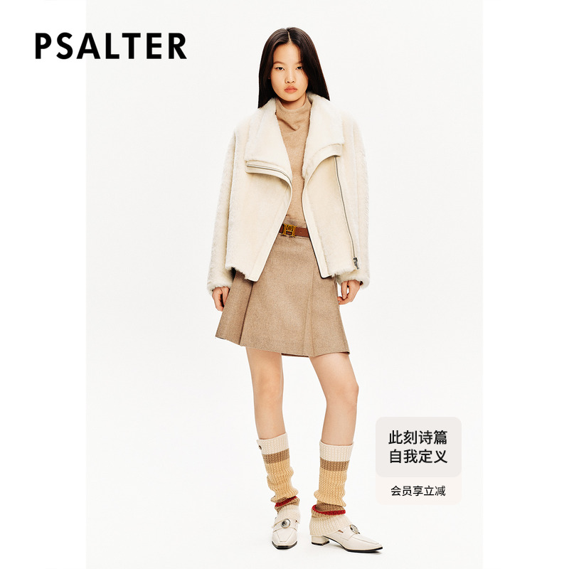 PSALTER诗篇皮毛一体不规则设计大翻领羊毛皮草短外套冬款