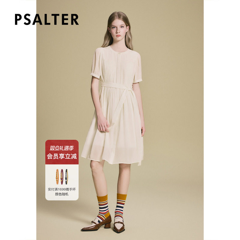 诗篇专选学院风风琴褶泡泡袖真丝连衣裙2025夏季新款