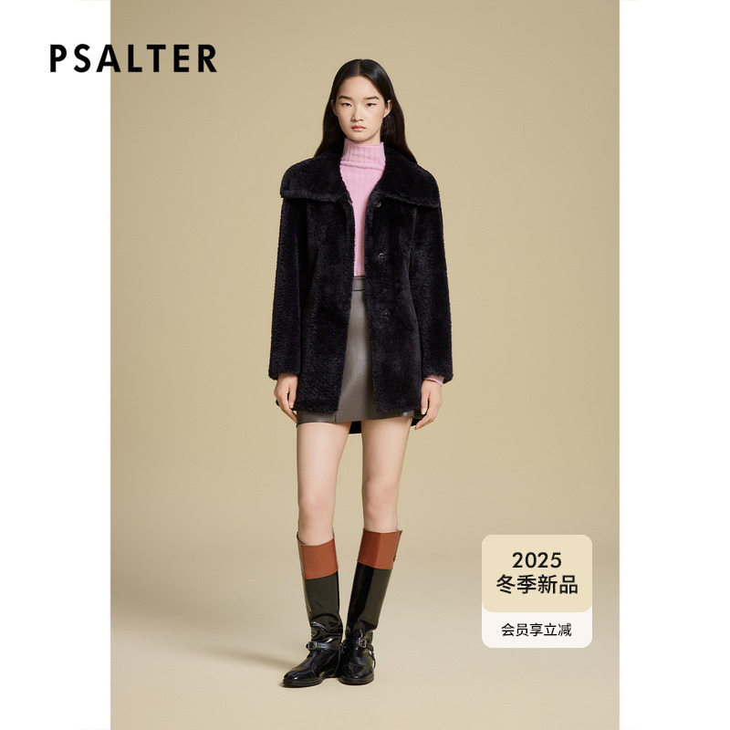 诗篇专选海军领中长款拉贡直毛皮毛一体外套2025冬季新款