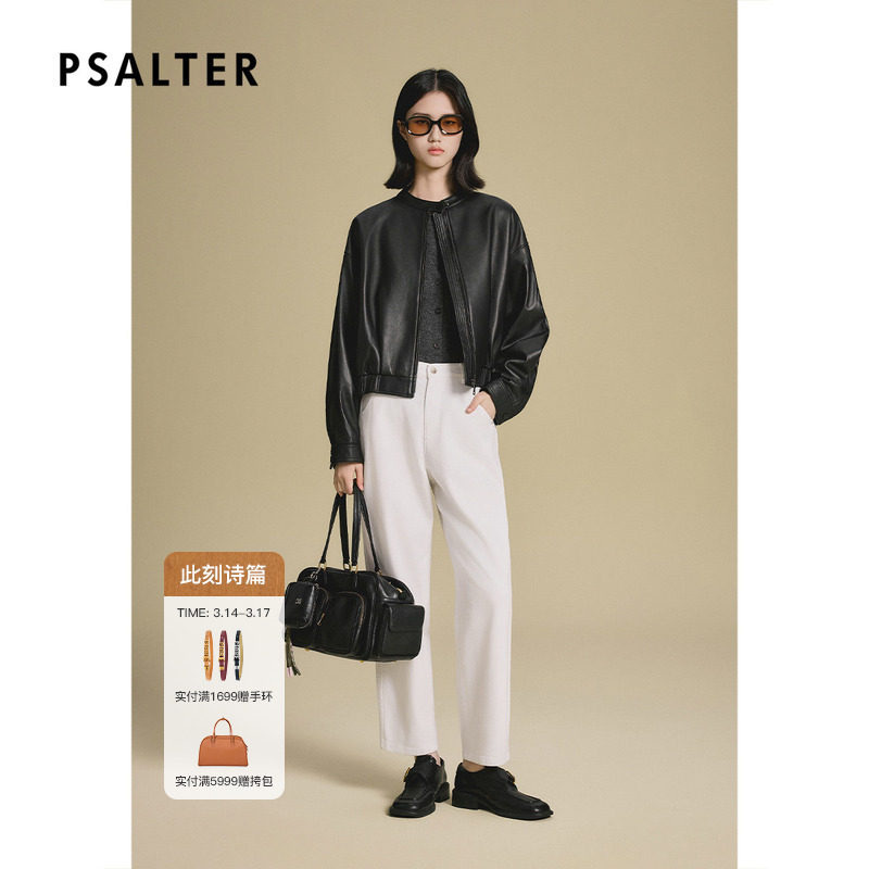 【机车单皮】诗篇专选复古翻领松紧腰经典黑色夹克设计感女装皮衣