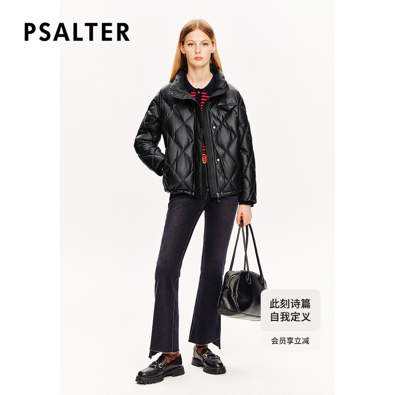 PSALTER诗篇夹克型皮羽绒立领格纹羊皮鹅绒服羽绒服冬款