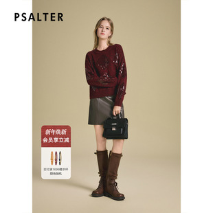 新款 2025冬季 针织衫 诗篇专选复古枣红圆领亮片套头长袖