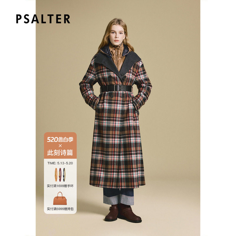 PSALTER诗篇立领宽松格纹长款羊毛大衣毛呢外套2025冬款
