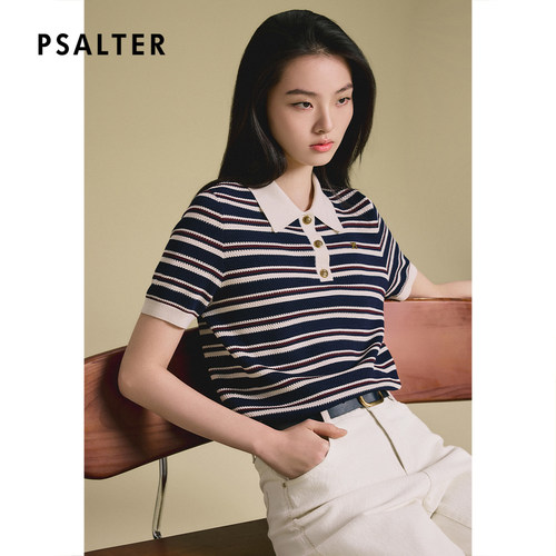 【聪颖学院风】诗篇专选条纹翻领POLO领薄款短款女针织衫T恤