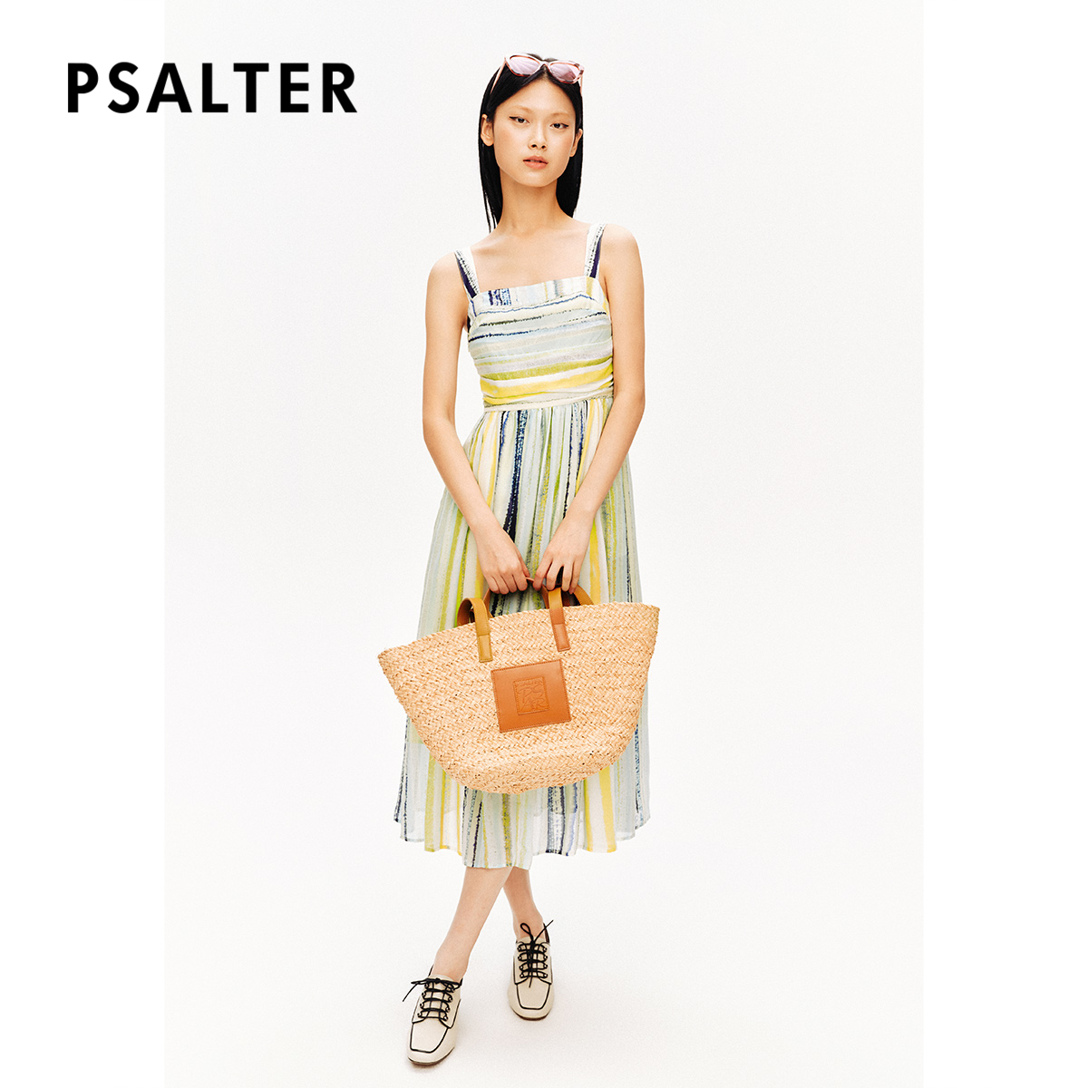 【真丝】PSALTER诗篇100%桑蚕丝雪纺印花条纹吊带连衣裙夏