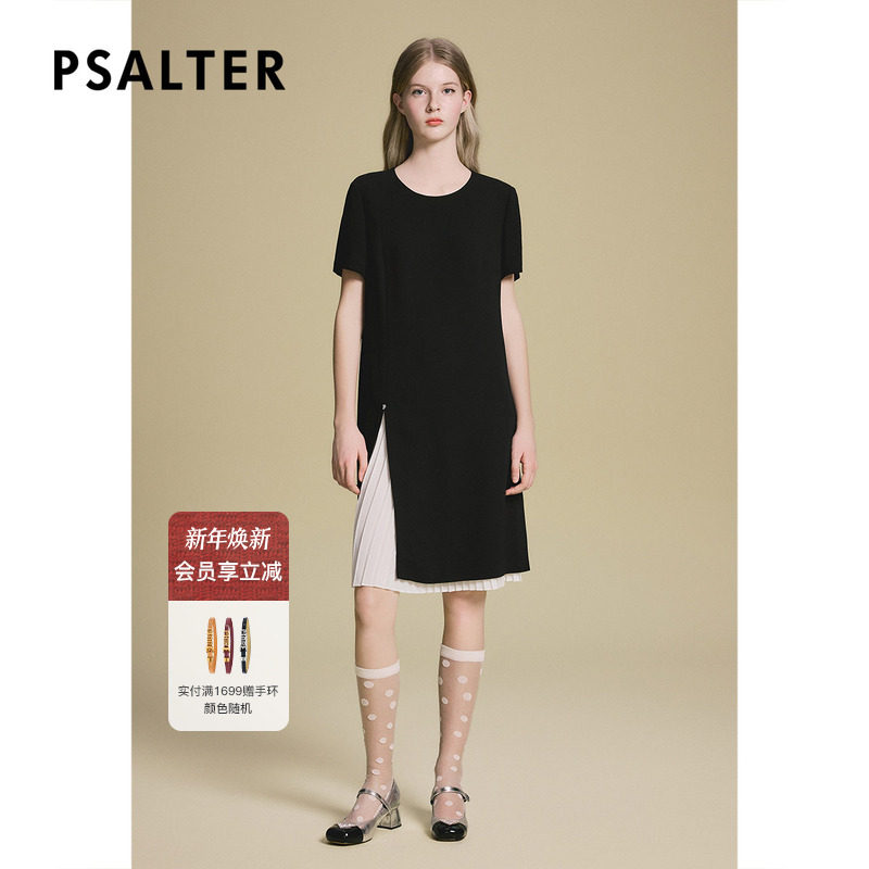 诗篇专选通勤假两件拼接撞色风琴褶皱设计H型小黑裙2025夏季新款