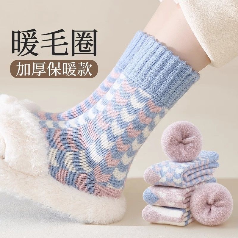 秋冬毛圈袜子冬季秋冬季加厚保暖中筒加绒冬天月子睡眠长袜地板