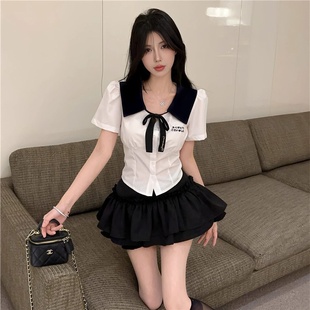 裙子领结三件套 纯欲学院风jk制服套装 女夏季 短款 上衣高腰蛋糕裤