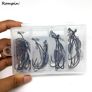 带铅曲柄钩套装盒装26件弹簧锁针单钩软饵钩德州钓组路亚带配重钩