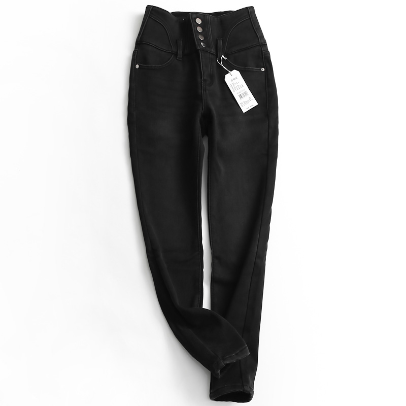 I947纯色高腰半松紧腰加绒加厚冬季新款小脚裤女裤牛仔裤长