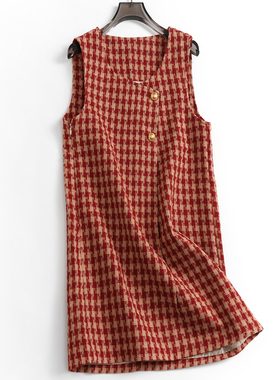 格子宽松遮肉显瘦圆领无袖外搭背心裙春季新款韩系风女连衣裙N569