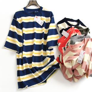 条纹控喜入 T恤休闲女上衣M887 宽松藏肉舒适亲肤圆领减龄百搭短袖