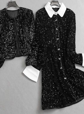 重工亮片撞色相拼翻领丝绒长袖修身女裙赫本风短裙气质连衣裙L082