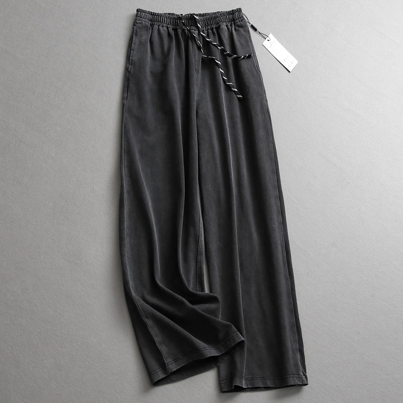 纯色做旧抽绳松紧腰宽松显瘦女裤
