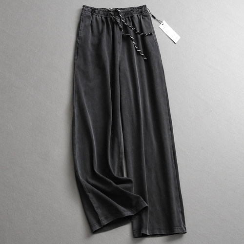 纯色做旧抽绳松紧腰宽松显瘦女裤