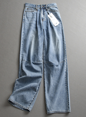 蓝色水洗磨白高腰宽松立体百搭梨型遮肉阔腿裤直筒裤女牛仔裤L461