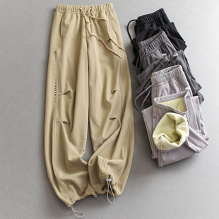 休闲裤 加绒加厚捏褶运动风松紧腰保暖直筒裤 25冬季 新款 N068 女卫裤