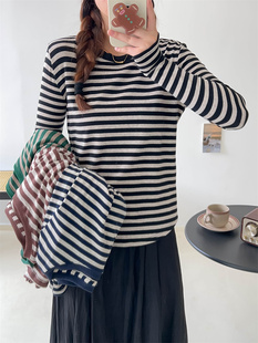 X869撞色条纹t恤秋季新款2023女长袖小衫上衣内搭显瘦圆领打底衫