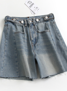 纯色显瘦高腰纽扣宽松直筒裤夏季新款百搭牛仔裤女短裤子热裤D189