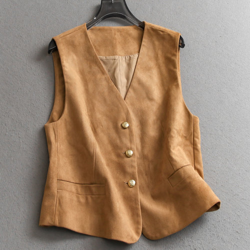 复古纯色麂皮绒V领显瘦坎肩马夹