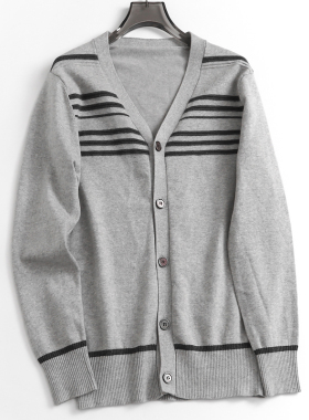 C931男装撞色条纹单排扣开衫外套春秋新款2023长袖上衣男士毛衣