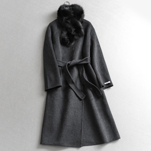小暖炉毛领优雅气质一粒扣系带双面呢长款 羊毛大衣毛呢外套女M894