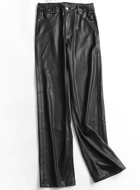 T354纯色口袋显瘦高腰显腿长阔腿裤秋冬新款2022通勤女休闲裤皮裤