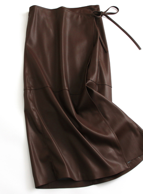 纯色侧边系带显瘦高腰a字裙秋冬新款气质中长裙女半身裙皮裙F650