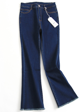 蓝色显瘦高腰毛边裤脚微喇裤弹力修身喇叭裤百搭女长裤牛仔裤F280