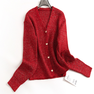 针织开衫 彩纱编织红色金属爱心扣宽松长袖 女毛衣J340 新年战袍