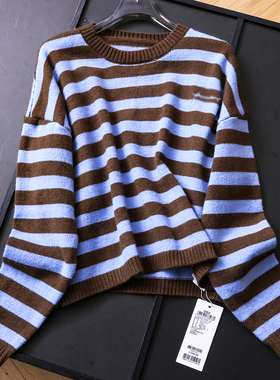撞色条纹宽松慵懒松弛感圆领套头毛衣25冬季新款长袖女针织衫B931