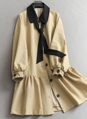 撞色翻领飘带宽松显瘦灯笼袖小个子25秋季新款长袖女外套风衣N970