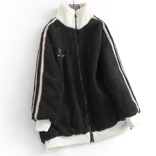 撞色相拼宽松显瘦加厚保暖摇粒绒长袖 百搭休闲女外套棉衣棉服G820