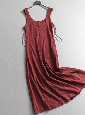 纯色亚麻显瘦收腰复古高智感无袖吊带背心裙气质长裙女连衣裙C394