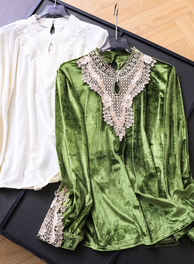 蕾丝拼接镂空立领气质丝绒百搭小衫2025秋季新款长袖女装衬衫B922