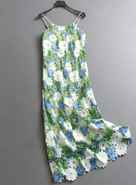 重工刺绣绿色镂空显瘦法式优雅吊带裙2025夏季新款长裙连衣裙X346