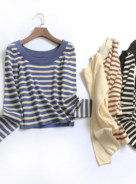 S776条纹显瘦短款圆领长袖线衫毛衣秋冬新款2022百搭时尚女针织衫