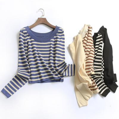 条纹显瘦短款圆领长袖线衫毛衣