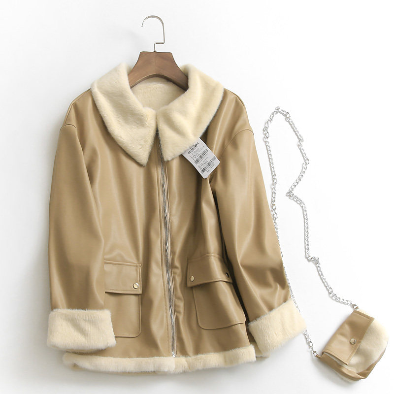 t857纯色加厚毛绒内胆翻领口袋拉链外套冬季新款长袖气质女装皮衣