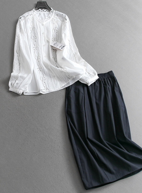 重工镂空刺绣领口长袖女衬衫可配一整套穿搭半身裙时尚两件套V589