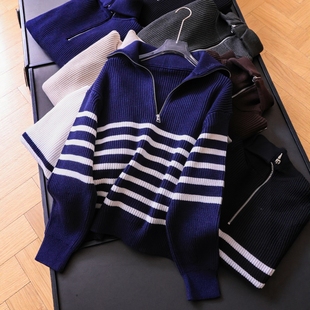 女针织衫 长袖 M420 新款 撞色条纹厚实保暖显瘦半拉链翻领毛衣25冬季
