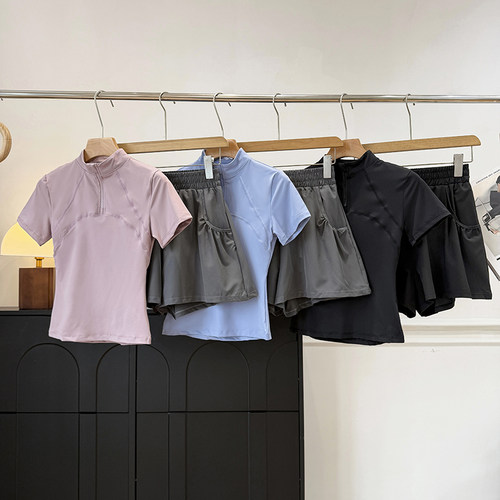 半拉链短袖网纱瑜伽服短裤套装