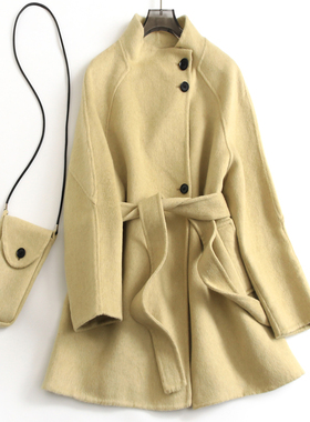 双面羊绒系带收腰显瘦立领中长款插肩袖女大衣通勤女毛呢外套H638