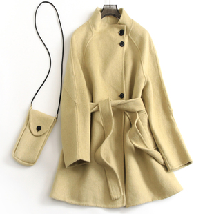 双面羊绒系带收腰显瘦立领中长款 女大衣通勤女毛呢外套H638 插肩袖