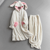 可爱减龄兔耳朵连帽爱心口袋加厚珊瑚绒保暖睡袍睡裤 套装 女W104