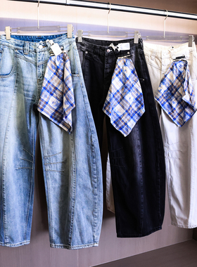 弯刀裤拉链可拆卸方巾宽松阔腿裤2025秋季新款百搭女裤牛仔裤B107