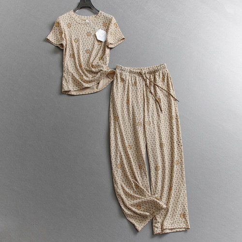 碎花烫钻短袖针织衫休闲裤套装